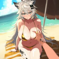 absurdres ai_generated animal_ears arknights beach beach_umbrella bikini blue_eyes breast_grab breasts golden_bikini grabbing guided_breast_grab guiding_hand highres huge_breasts lappland_(arknights) long_hair micro_bikini navel shadow sunlight sweat swimsuit thefelix thick_thighs thighs towel umbrella water white_hair