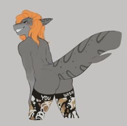 2018 anthro arched_back ass big_butt clothing cosmicminerals emille_selachi female fish genitals grey_body grin hair hand_on_leg hand_on_thigh hi_res huge_tail hybrid legwear legwear_only looking_at_viewer looking_back marine mostly_nude narrowed_eyes orange_eyes orange_hair partial_nudity pussy rear_view shark simple_background smile solo stockings stockings_only teeth thick_thighs