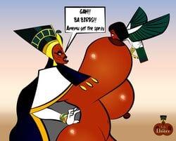 annoyed annoyed_expression ba_birds bird breast_sucking egypt egyptian gigantic_breasts long_hair newdity queen_titahatenamun_ebonee tale_of_ebonee text