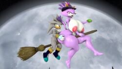 3d anthro blaze_the_cat bloom blueapple chaos_emerald domestic_cat fangs female flying full_moon gem grey_body grey_hair hair halloween hedgehog looking_at_viewer male moon night purple_body purple_hair silver_the_hedgehog smile sonic_(series) witch_hat