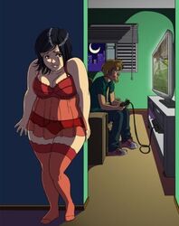 1boy 1boy1girl 1girls black_hair chubby_female gaming gaming_controller lingerie red_lingerie shy