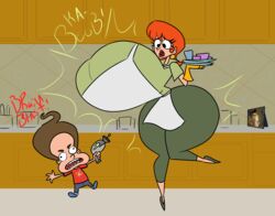 1boy 1girls apron atom breast_expansion breasts brown_hair cartoon_network crossover curvy_female da-fuze dexter's_laboratory dexter's_mom dishes earrings english_text eyelashes full_body gloves heels hips hyper_breasts indoors jimmy_neutron jimmy_neutron_boy_genius kitchen large_breasts lips milf narrow_waist nickelodeon nicktoons orange_hair paramount_pictures raygun shocked shocked_expression skeet standing_on_one_leg text thick_thighs thighs viacom warner_brothers what wide_hips
