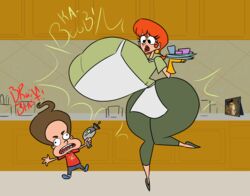 1boy 1girls apron atom breast_expansion breasts brown_hair cartoon_network crossover curvy_female da-fuze dexter's_laboratory dexter's_mom dishes earrings english_text eyelashes full_body gloves heels hips hyper_breasts indoors jimmy_neutron jimmy_neutron_boy_genius kitchen large_breasts lips milf narrow_waist nickelodeon nicktoons orange_hair paramount_pictures raygun shocked shocked_expression skeet standing_on_one_leg text thick_thighs thighs viacom warner_bros warner_brothers what wide_hips