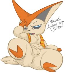 2016 2_toes 3_fingers balls big_ears black_nose blue_eyes digital_media_(artwork) eye_bags fan_character feet fingers fur genitals grumpy legendary_pokémon looking_at_viewer male mammal necktie nintendo one_eye_closed open_mouth pokémon_(species) pokemon simple_background solo spread_legs spreading text thestrider tired toes tongue venko victini video_games white_background wings