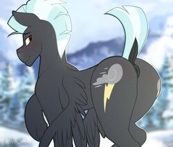 2021 anus ass black_body black_feathers black_fur black_wings blush butt_blush cutie_mark dock dripponi english_text equid equine feathered_wings feathers feral friendship_is_magic fur hasbro hi_res hooves looking_at_viewer looking_back male mammal mane mountain my_little_pony outside pegasus plant puffy_anus quadruped raised_hoof raised_tail rear_view signature smile solo text thunderlane_(mlp) tree underhoof white_mane white_tail wings yellow_eyes