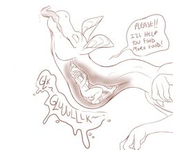 anthro bodily_fluids cownugget dialogue duo felid feline feral forced internal male mammal monochrome oral_vore saliva speech_bubble tongue tongue_out vore