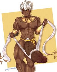 1boy abs bara big_penis blush bracelet dark-skinned_male dark_skin earrings erection gold_jewelry huge_cock huge_penis hyper_penis jewelry male_focus male_pubic_hair mobile_legends muscle muscles muscular muscular_male najimi-sensei nipples nude pecs penis presenting pubic_hair short_hair silver_hair simple_background smile solo solo_male thick_penis thick_thighs tongue tongue_out uncensored vale_(mobile_legends) white_hair yellow_eyes