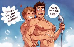 2boys bathroom bromance dialogue english_text gay male male_only mondoart raeyr rao shower shower_head showering simple_background soaked speech_bubble text totally_not_gay wet yaoi