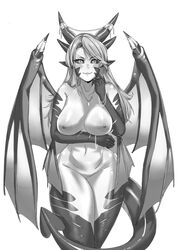 animal_humanoid black_body black_scales black_sclera breasts demon demon_humanoid dragon dragon_humanoid dragon_wings female gold_(metal) gold_jewelry hi_res horn humanoid jewelry jourjii looking_at_viewer miraaj_(crabble) monochrome multi_wing nipples nude nude_female scales simple_background smile solo spade_tail wings