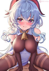 :p artist_name bare_shoulders bell black_legwear blue_hair breasts clothed_sex cowbell cowgirl_position elbow_gloves eyebrows_visible_through_hair female ganyu_(genshin_impact) genshin_impact gloves hair_between_eyes half-closed_eyes heart heart-shaped_pupils highres horns hypnosis icwine large_breasts licking_lips long_hair looking_at_viewer male_pov mind_control naughty_face navel pelvic_curtain pov pov_eye_contact purple_eyes sex simple_background smile spread_legs straddling sweat symbol-shaped_pupils tongue tongue_out very_long_hair white_background