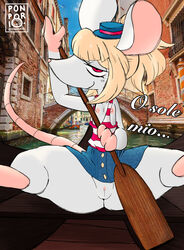 absurd_res anthro clothing dialogue female flat_chested fur furry gondola_(boat) hat headgear headwear hi_res mammal mouse mouse_girlfriend_(ponporio) mouse_tail murid murine pattern_clothing ponporio_(artist) presenting pussy rodent solo striped_clothing stripes tail text vehicle watercraft