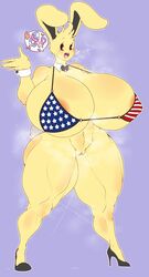 1girls american_flag american_flag_bikini anthro ber00 bikini bikini_top bodily_fluids bottomless breasts bunny bunny_ears female female_only furry lagomorph lagomorph_humanoid long_ears poster_bun_bun pussy_juice solo solo_female yellow_fur