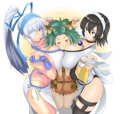 3girls absurdres breasts cham_cham closed_eyes dark_skin green_hair highres iroha large_breasts maid majikina_mina multiple_girls samurai_shodown