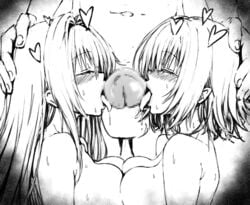 1boy 2girls bangs big_breasts blush breast_press breasts closed_eyes collaborative_fellatio doctor double_fellatio eyebrows_visible_through_hair fellatio female fuchi_(touo) fuchitoro hand_on_another's_head heart highres large_breasts licking_penis lips long_hair mff mikado_ryouko monochrome multiple_fellatio multiple_girls nude nude_female nurse oral penis saliva short_hair straight sweat symmetrical_docking teacher teamwork tearju_lunatique to_love-ru tongue tongue_out upper_body