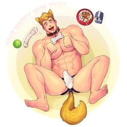 1boy 2018 abs anal anal_object_insertion animal_collar animal_ears bara baseball blonde blonde_hair blush bowl bulge chinese_zodiac collar dog_boy dog_ears dog_tail erection erection_under_clothes feet full_body gay highres huge_pecs jockstrap male_focus male_underwear muscular muscular_male navel nipples object_insertion original paw_pose pecs pectorals pet_bowl short_hair smile soles solo spread_legs stomach tail thick_thighs thighs tongue tongue_out underwear underwear_only white_underwear winemvee year_of_the_dog