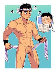 1boy ? abs confusion flaccid fundoshi_tying headband instruction_manual japanese_clothes large_penis male male_focus male_only mondoart muscular_male naked pecs penis_out underwear wristbands