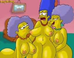 armpit_fetish armpit_licking babyboilogey blue_hair blush breast_sucking breasts incest marge_simpson nipple_suck patty_bouvier purple_hair selma_bouvier siblings sisters the_simpsons yellow_skin yuri