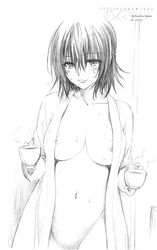 10s absurdres bathrobe belly_button big_breasts breasts coffee cup female greyscale highres light_smile mikado_ryouko monochrome naked_robe naughty_face navel nipple_slip nipples no_bra no_panties nude nude_female official_art open_bathrobe out-of-frame_censoring partially_nude pointy_ears scan school_nurse sketch smile solo tagme to_love-ru to_love-ru_darkness traditional_media wet yabuki_kentarou