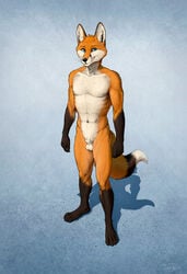 2020s 2021 4_toes 5_fingers abs anthro balls black_nose blue_eyes canid canine digital_media_(artwork) eyebrows eyelashes feet fingers fox fur genitals hi_res male mammal orange_body orange_fur solo titusw toes white_body white_fur