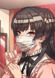 bangs black_hair black_neckwear black_ribbon blunt_bangs brown_eyes covered_mouth cum cum_in_mask cum_under_mask cum_wearing cumdrip erere eyebrows_visible_through_hair female fingernails frilled_shirt frilled_sleeves frills idolmaster idolmaster_shiny_colors indoors long_fingernails long_hair looking_at_viewer mask mayuzumi_fuyuko mouth_mask neck_ribbon pink_shirt ribbon shirt solo two_side_up v-shaped_eyebrows