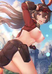 :d absurdres amber_(genshin_impact) blue_sky bow breasts brown_eyes brown_hair brown_shorts cloud day female floating_hair from_behind genshin_impact gloves hairband hairbow haoba highres holster large_breasts lens_flare long_hair long_sleeves nipples open_mouth outdoors red_bow red_gloves red_hairband short_shorts shorts shrug_(clothing) sky smile solo standing very_long_hair wind