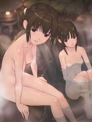 2girls barefoot breasts hands medium_breasts multiple_girls nude onsen shimano_natsume sitting small_breasts soaking_feet water