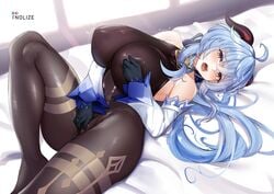 1girls blue_hair blush bodysuit eyes_half_open female ganyu_(genshin_impact) genshin_impact half-closed_eyes horn horns huge_breasts looking_at_viewer masturbation nipple_bulge nipple_tweak on_back on_bed open_mouth pleasure_face pokies solo solo_female thick_thighs tight_clothing tnolize