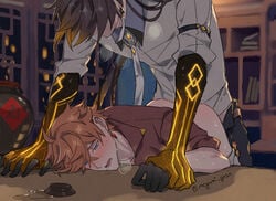 2boys anal anal_penetration anal_sex bent_over_table blue_eyes bottomless brown_hair childe_(genshin_impact) earring fucked_senseless gay genshin_impact ginger_hair heavy_breathing implied_sex male/male male_focus male_only megumi_gnsn orange_hair pinned_down sweat tartaglia_(genshin_impact) wrist_grab yaoi zhongli_(genshin_impact)