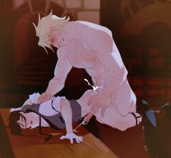 2boys against_table anal anal_creampie anal_penetration anal_sex ass bare_arms bare_ass bare_breasts bare_chest bent_over bent_over_table black_butler black_hair blonde_hair bodily_fluids butler creampie cum cum_in_ass cum_inside cum_string cum_while_penetrated demon demon_boy ejaculating_cum ejaculation ejaculation_while_penetrated gay gay_sex gloves hand_on_ass kuroshitsuji male/male male_penetrated male_penetrating multiple_boys muscular_male naught-t penetration penis penis_in_ass penis_out sebastian_michaelis shirt sock_garters table tablesex vest white_gloves white_shirt wolfram_gelzer yaoi