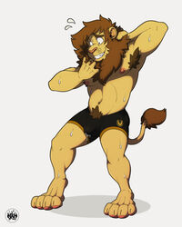 1boy 4:5 anthro armpit_hair black_underwear bodily_fluids body_hair brown_hair bulge clothing digitigrade felid fur genital_fluids hair hi_res lion male male_only mammal mane pantherine precum precum_through_clothing pubes simple_background sky3 smile solo standing sweat tail_tuft tan_body tan_fur tuft underwear wet wet_clothing white_background