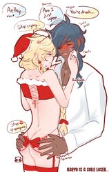 2boys aether_(genshin_impact) ass ass_grab back_view bare_back big_ass blonde_hair blue_eyes blue_hair christmas crossdressing dark-skinned_male dark_skin femboy gay genshin_impact groping kaeya_(genshin_impact) long_hair male male_only pandagyoza ribbon source_request yellow_eyes
