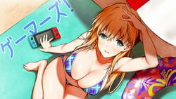 16:9_aspect_ratio 1girls armpit_peek bare_legs barefoot beach_umbrella bikini blonde_hair blue_bikini blue_eyes blurry blush breasts clavicle cleavage day depth_of_field end_card feet female gamers! hair_ornament hair_over_shoulder hair_ribbon head_tilt high_resolution innertube large_breasts legs long_hair looking_at_viewer looking_up navel nintendo_switch official_art one_arm_up open_mouth outdoors plaid plaid_bikini plaid_swimsuit ribbon saboten smile solo swimsuit tendou_karen toes umbrella viewed_from_above watermark