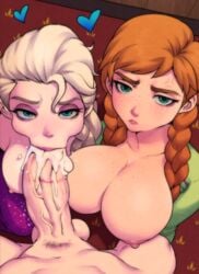 1boy 2girls :>= angry anna_(frozen) big_breasts big_penis breasts clothing cum cum_in_mouth cum_inside deep_blowjob disney elsa_(frozen) eye_contact fellatio frozen_(film) frozen_2 huge_breasts jay-marvel just_the_tip kristoff_(frozen) light-skinned_male nipples oral oral_sex partial_male penis pinup pov sisters testicles threesome