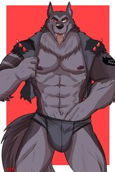 1boy 2021 anthro blind_eye bulge canid canid_demon clothing demon gay hand_in_underwear hellhound helluva_boss hi_res ligoni looking_at_viewer male male_only mammal muscular muscular_anthro muscular_male neck_tuft notched_ear red_sclera simple_background solo topwear tuft underwear vest vivienne_medrano vortex_(helluva_boss) white_eyes