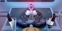 alternate_version_available breasts cum exposed_breasts hood human human_penetrating laying_on_back legs_held_open legs_spread mask mass_effect purple_skin pussy quarian tali'zorah_nar_rayya teqa thick_thighs