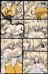 2girls ass blonde_hair breast_expansion breast_grab breasts character_request cleavage copyright_request female_focus kyoukaisenjou_no_horizon multiple_girls oad-art self_fondle transformation turenne