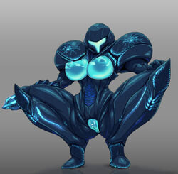 1girls alien alien_girl anus armor armored_dark_samus ass bar_censor black_skin blue_anus blue_breasts blue_pussy breasts censored clitoris dark_samus gradient gradient_background grey_background helmet metroid nintendo nipples pochincoff pointless_censoring pussy squatting translucent translucent_body