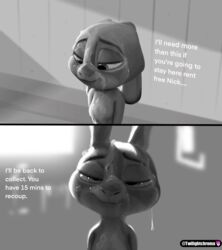 bodily_fluids comic cum cum_drip cum_on_face digital_media_(artwork) disney dripping english_text female flat_chest fur genital_fluids grey_body grey_fur greyscale half-closed_eyes hi_res judy_hopps lagomorph leporid looking_at_viewer mammal monochrome narrowed_eyes nude rabbit seductive simple_background smile smirk solo text twilightchroma zootopia