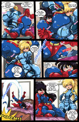 ass_expansion breast_expansion breasts comic cosplay crossover dc female female_only huge_ass huge_breasts metroid multiple_girls oad-art samus_aran_(cosplay) supergirl supergirl_(cosplay) yuri zero_suit