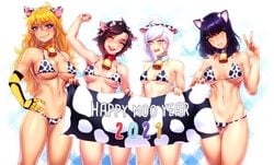 2021 bikini black_hair blake_belladonna cat_girl clothing cow_bell cow_bikini cow_ears cow_girl cow_horns cow_print cow_print_bikini cowbell fake_animal_ears faunus female female_only grapesliime half_naked human lineup multiple_girls new_year ruby_rose rwby tagme team_rwby v weiss_schnee yang_xiao_long yellow_hair