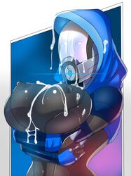 aleen'zeta alternate_version_available bodysuit breast_squeeze breasts cum cum_on_breasts cum_on_mask cum_on_upper_body hood looking_at_viewer mask mass_effect quarian skintight_bodysuit teqa