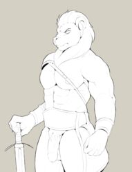 2021 abs angry anthro felid flaccid genitals holding_object holding_sword holding_weapon koopacap lion male mammal melee_weapon muscular muscular_male pantherine penis simple_background solo sword weapon