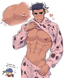 1boy abs bandaid bara blush cow_boy cow_ears cow_horns cow_print fire_emblem fire_emblem:_path_of_radiance fire_emblem:_radiant_dawn gay half-dressed heart ike_(fire_emblem) little_mac male_only milk milkiato muscular muscular_male nintendo pecs perky_breasts punch_out solo solo_male super_smash_bros. sweat