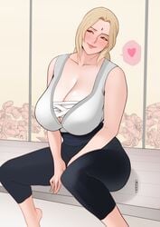 1girls armpit_hair barefoot blonde_hair blush breasts cleavage facial_mark feet female female_only fully_clothed heart hi_res huge_breasts jnsdh mature mature_female naruto naruto_(series) naruto_shippuden signature sitting smile solo speech_bubble spoken_heart tsunade very_high_resolution