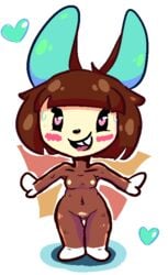 <3_eyes animal_crossing anthro argylesockx blush bodily_fluids breasts carmen_(animal_crossing) chibi female heart lagomorph leporid mammal nintendo rabbit small_breasts solo sweat tongue tongue_out video_games wide_hips