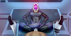 alternate_version_available bodysuit breasts creampie cum cum_in_pussy hood human human_penetrating laying_on_back legs_held_open legs_spread mask mass_effect purple_skin pussy quarian skintight_bodysuit tali'zorah_nar_rayya teqa thick_thighs