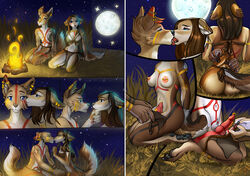 animal_genitalia animal_penis anthro balls bodypaint breasts campfire canid canine canine_penis canis comic digital_media_(artwork) duo erection frottage fur genitals gynomorph gynomorph/male herm huskyfog intersex intersex/male knot male mammal moon nature night nude penis sex space tribal wolf