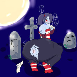 1boy 1girls anus ass_shake back_view blue_background blue_skin blush bottom_heavy cameltoe dialogue erect_nipple eyebrows_visible_through_hair fat_mons gigantic_ass gravestone graveyard hair_over_one_eye headstone heart huge_ass huge_breasts imminent_anal imminent_sex imminent_vore japanese_text larger_female leviathan_(skullgirls) looking_at_another looking_at_partner looking_down looking_up moon nipples presenting presenting_hindquarters purple_hair red_eyes ripped_clothing skohate skull skullgirls smaller_male smile squat squatting squigly stiches stitched stripes sweat tentacle tied_hair vagina vore wide_hips zombie zombie_girl