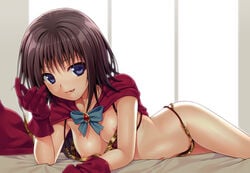 40010prototype :p armor bed_sheet bikini_armor black_hair blush breasts cape female female_only gloves hat hat_removed headwear_removed kirisaki_kyouko light_from_behind lying navel nipples on_stomach purple_eyes red_gloves short_hair smile solo to_love-ru tongue tongue_out windows witch_hat