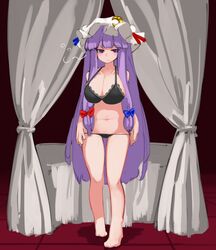 1girls barefoot bed bedroom big_breasts black_bra black_panties black_pantyhose blush bra breasts female indoors light-skinned_female light_skin lingerie long_hair panties pantsu partially_clothed patchouli_knowledge purple_eyes purple_hair ribbon solo_female tagme touhou underwear very_long_hair